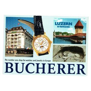 Bucherer Lucerne Switzerland Travel Postcard Chapel Bridge Lion Monument Watch